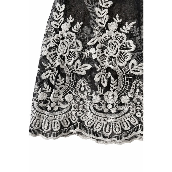 Sheer Black Lace Bell Sleeve Top Small Floral Embroidery Boho Y2K Statement - Picture 4 of 4